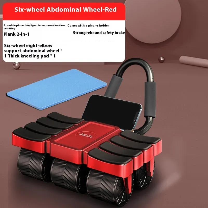 Six-wheel eight-elbow abdominal wheel with AI app in Knight Black, kneeling pad included, on a home gym floor