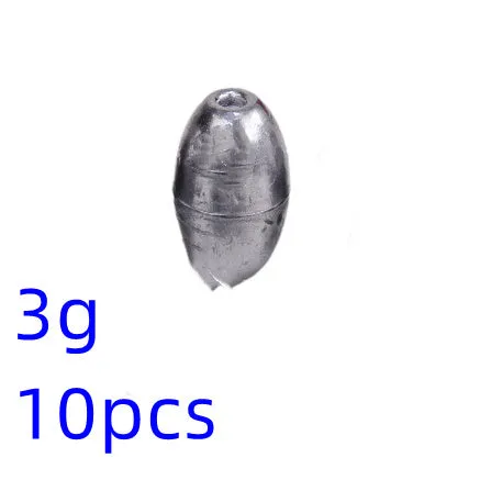 Standard weight olive fishing sinker set in lead with weights from 1g to 20g
