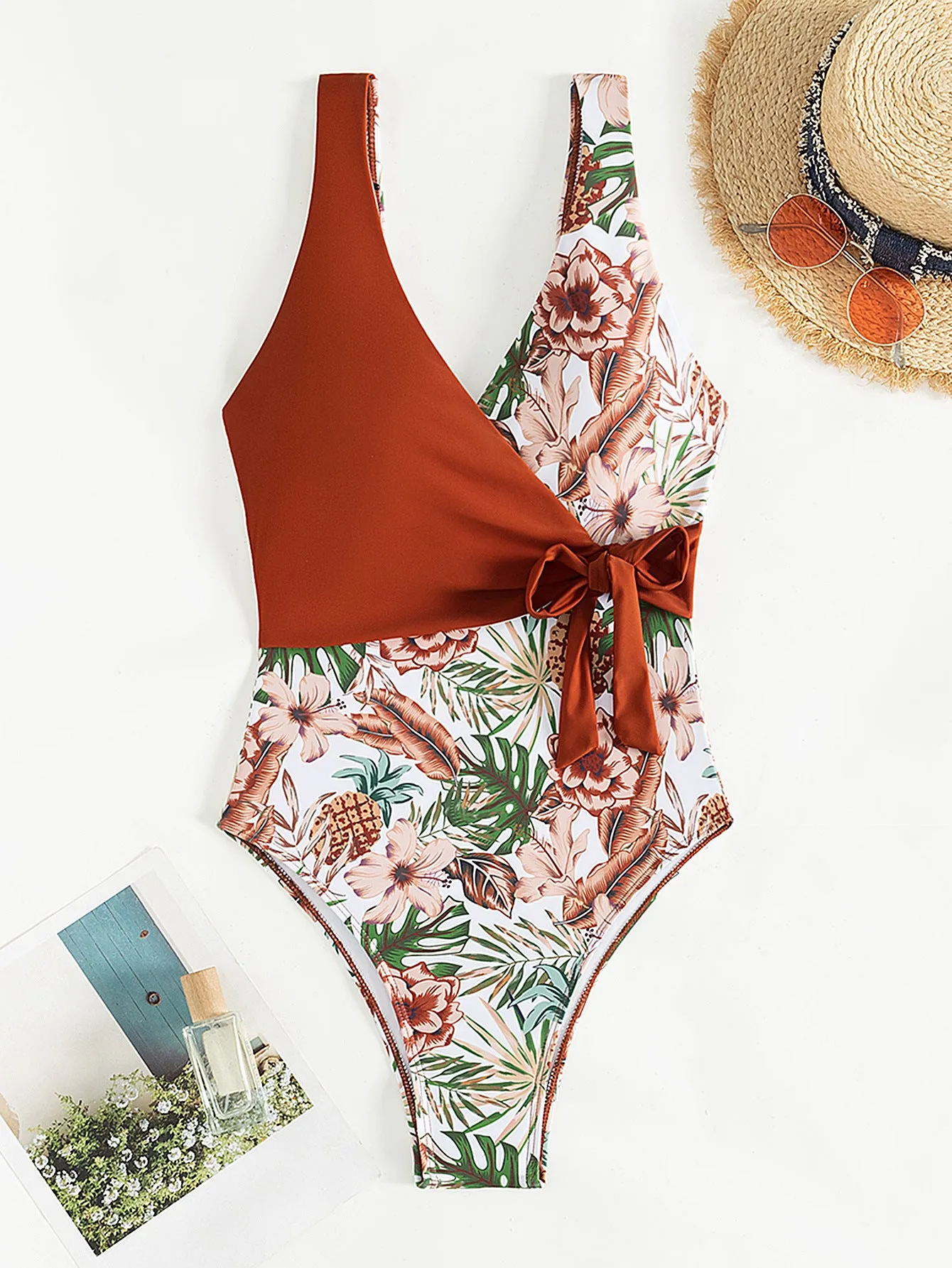 Women's one-piece swimsuit with multicolor tropical plants print, polyester, sizes S-XL