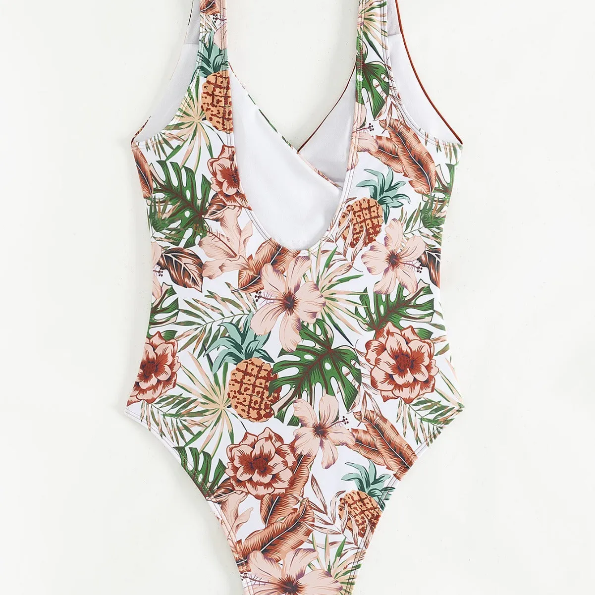 Women's one-piece swimsuit with multicolor tropical plants print, polyester, sizes S-XL