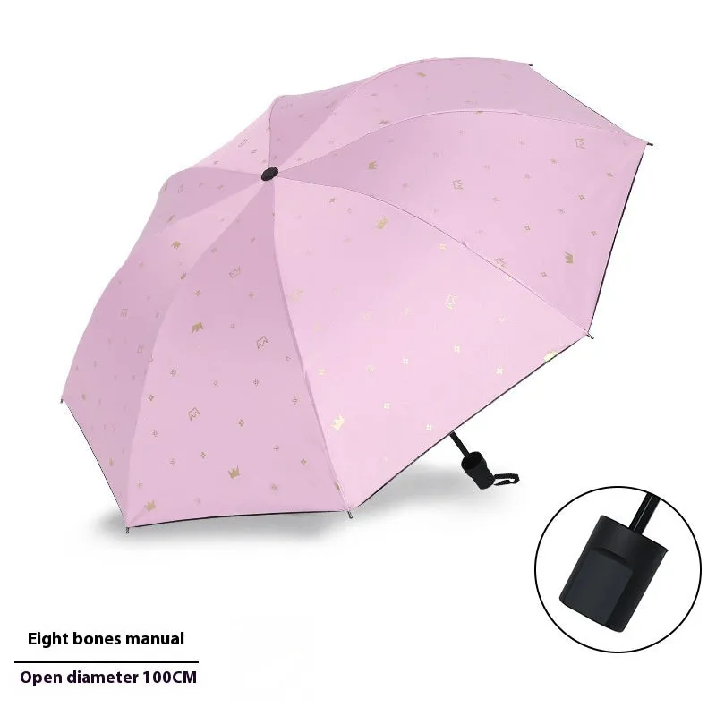 Dual-use automatic eight-bone bronzing feather folding umbrella with black rubber handle and NC fabric canopy