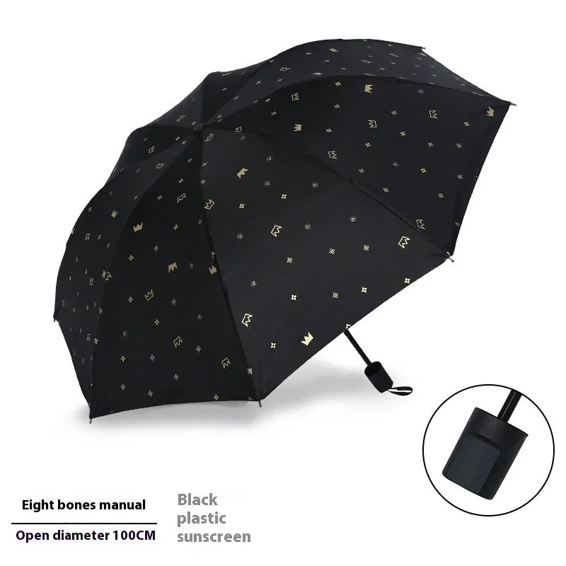 Dual-use automatic eight-bone bronzing feather folding umbrella with black rubber handle and NC fabric canopy