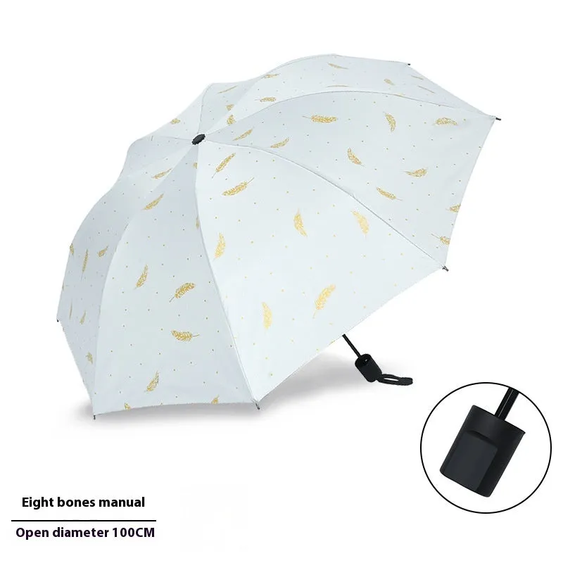 Dual-use automatic eight-bone bronzing feather folding umbrella with black rubber handle and NC fabric canopy