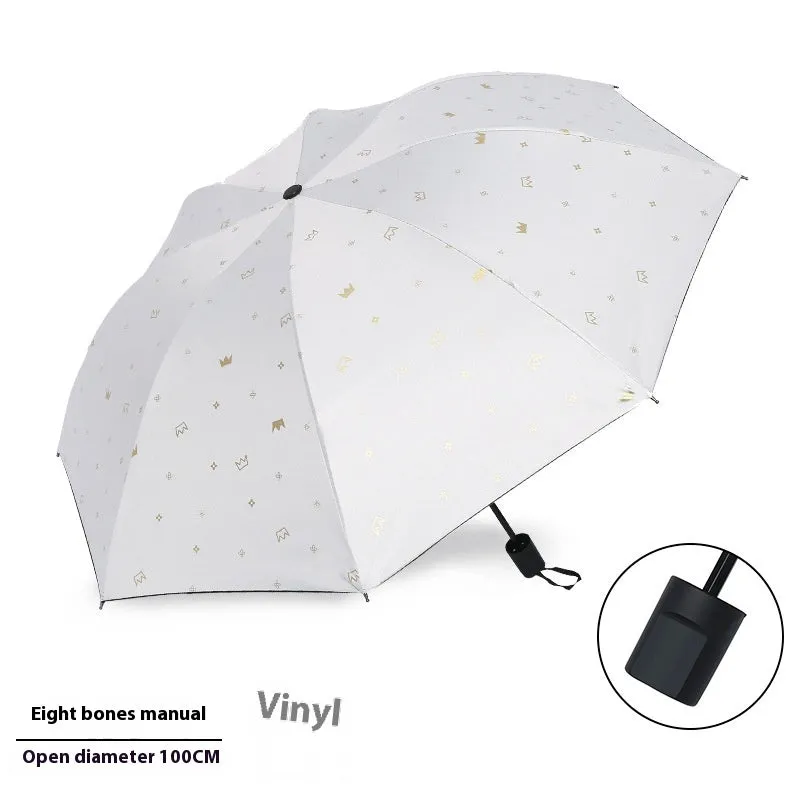Dual-use automatic eight-bone bronzing feather folding umbrella with black rubber handle and NC fabric canopy