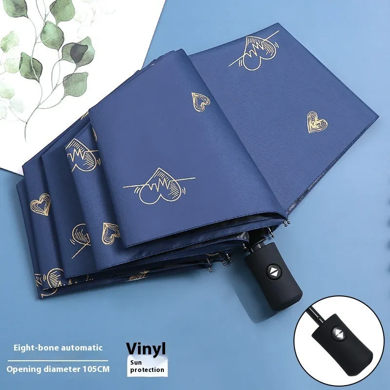 Dual-use automatic eight-bone bronzing feather folding umbrella with black rubber handle and NC fabric canopy