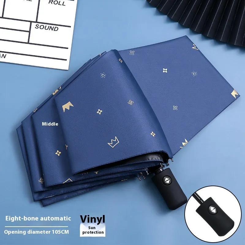 Dual-use automatic eight-bone bronzing feather folding umbrella with black rubber handle and NC fabric canopy