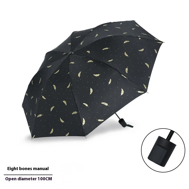 Dual-use automatic eight-bone bronzing feather folding umbrella with black rubber handle and NC fabric canopy