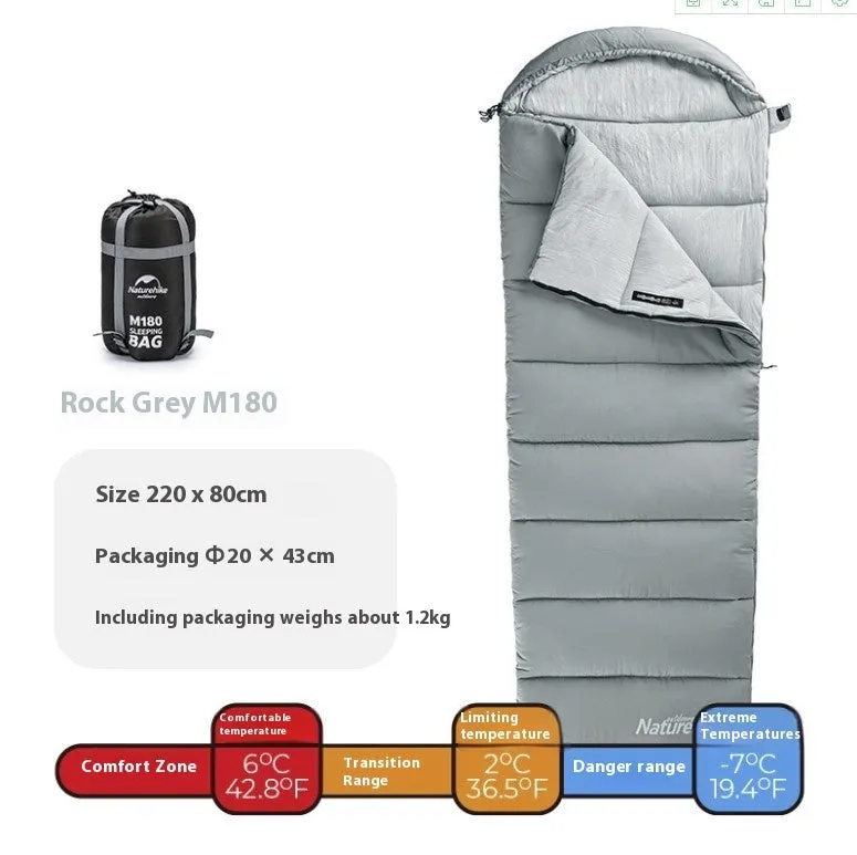 Double-person spliced camping sleeping bag in rock gray with envelope style and down cotton filling