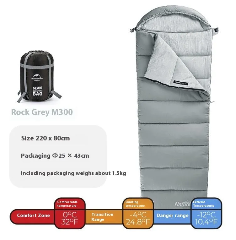 Double-person spliced camping sleeping bag in rock gray with envelope style and down cotton filling