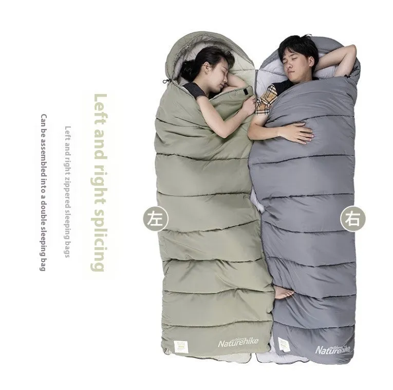 Double-person spliced camping sleeping bag in rock gray with envelope style and down cotton filling