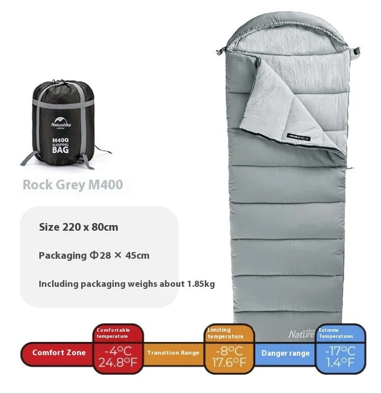 Double-person spliced camping sleeping bag in rock gray with envelope style and down cotton filling
