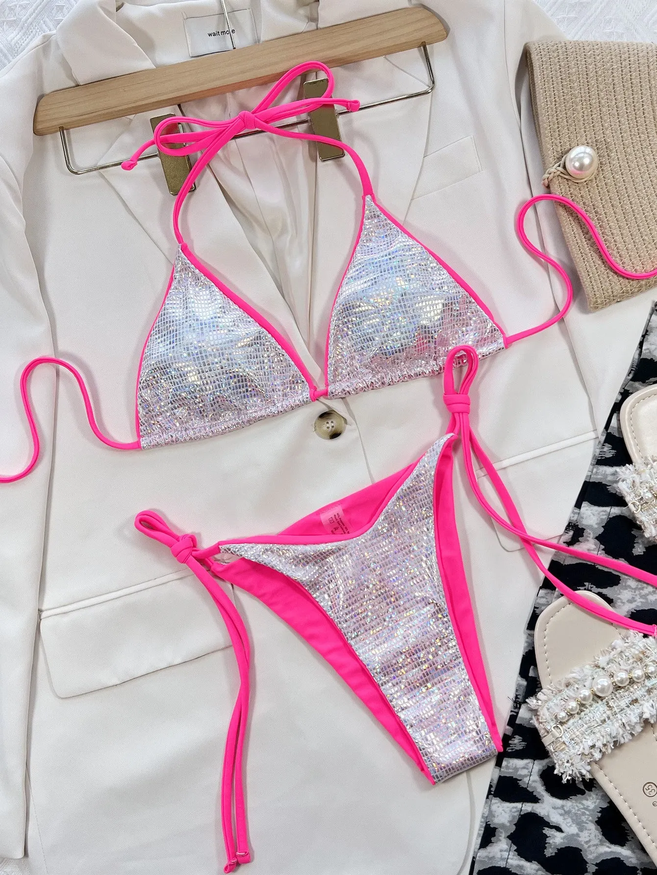 Silver solid nylon triangle bikini set including bra and shorts for swimming and wading