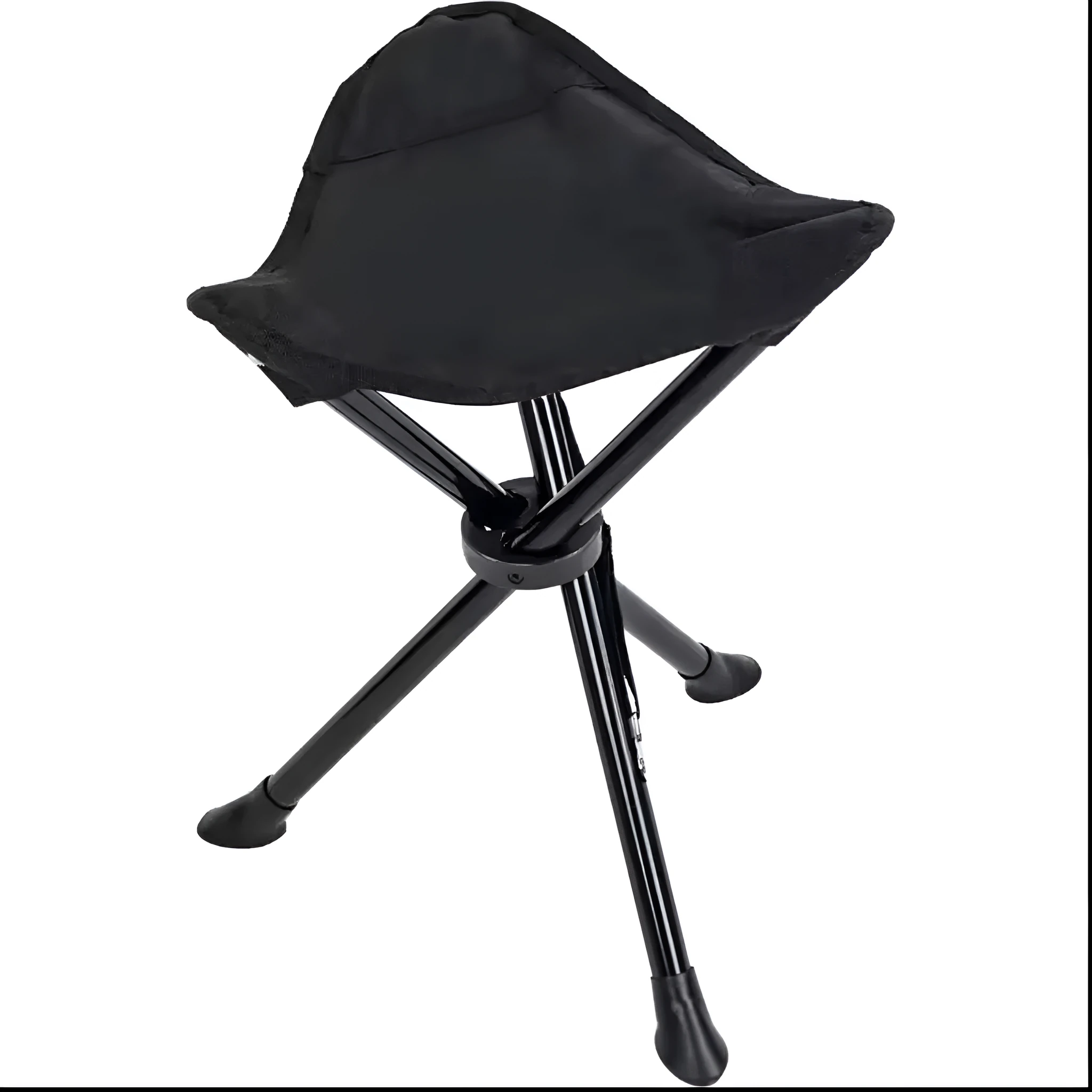 Green folding camping stool with aluminium tripod legs set up outdoors on grass