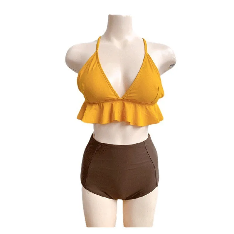 Women's split ruffled contrast color yellow hot spring bathing suit with spandex lining, available in sizes M L and XL