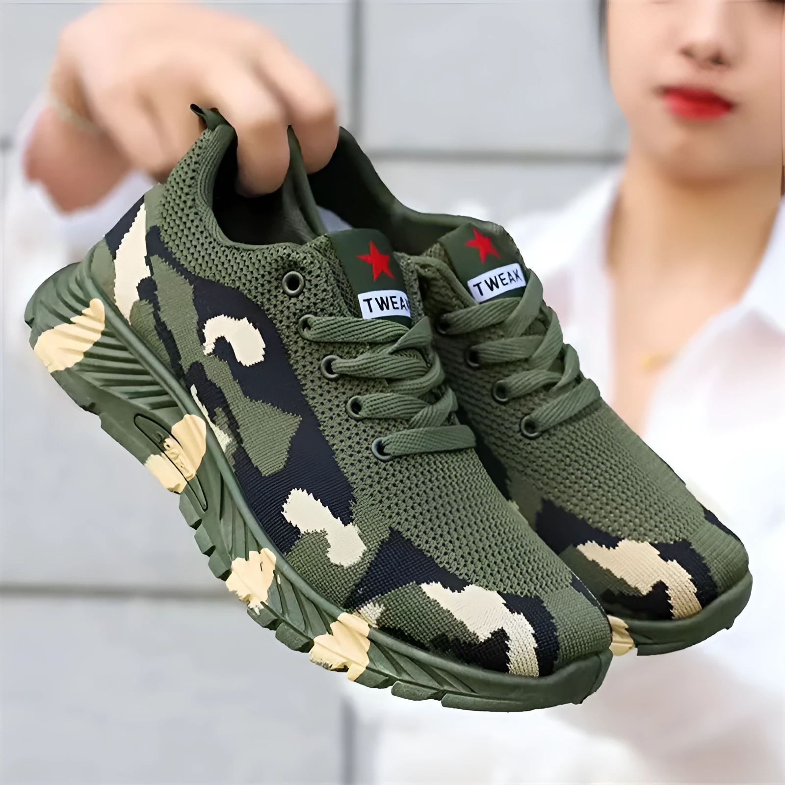 Army Green mesh military training sneakers with non-slip PVC sole on outdoor ground