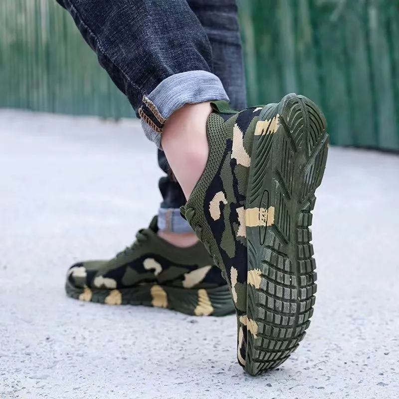 Army Green mesh military training sneakers with non-slip PVC sole on outdoor ground