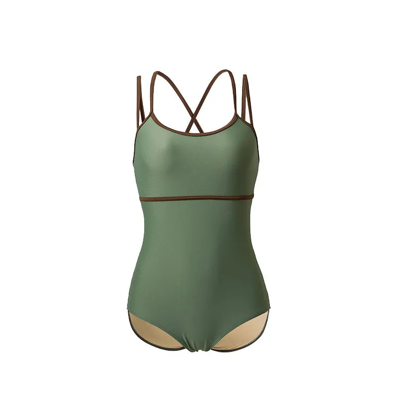 Women's simple backless sling one-piece swimsuit in nylon spandex available in white, pink, and green