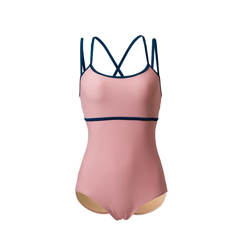 Women's simple backless sling one-piece swimsuit in nylon spandex available in white, pink, and green
