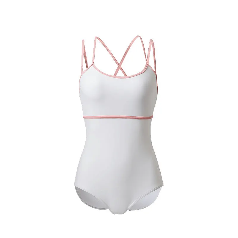 Women's simple backless sling one-piece swimsuit in nylon spandex available in white, pink, and green