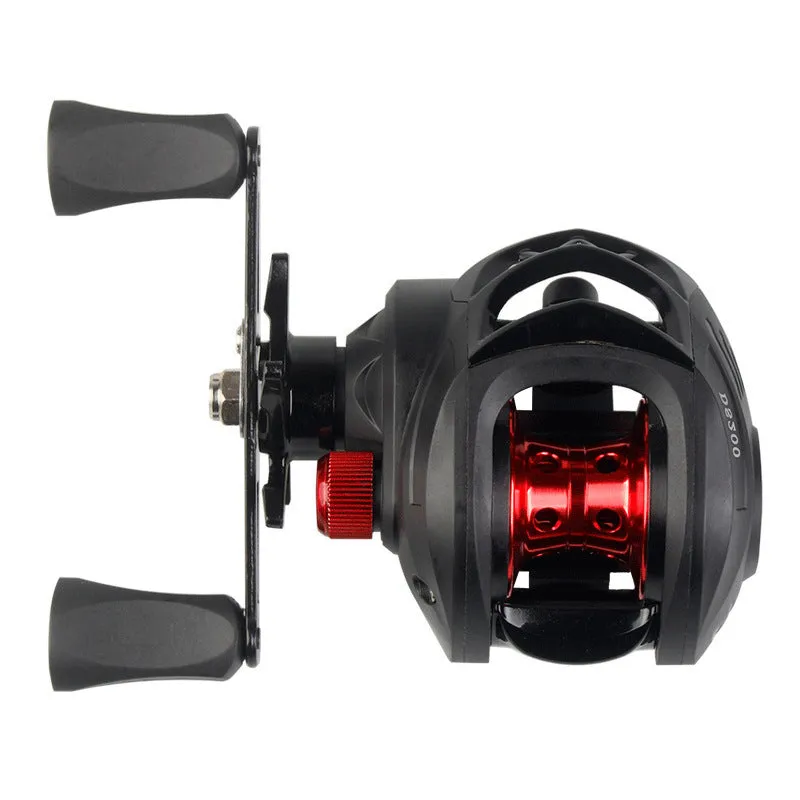 DS200 blue left hand alloy double brake fishing reel with line on a dark background