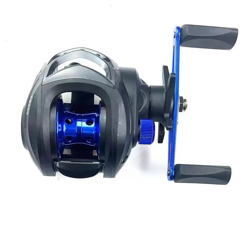 DS200 blue left hand alloy double brake fishing reel with line on a dark background