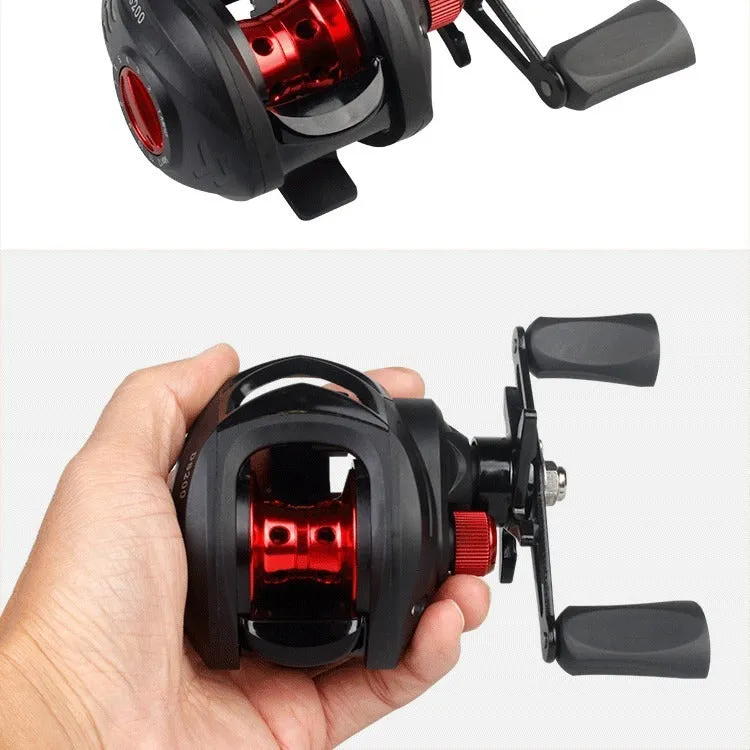 DS200 blue left hand alloy double brake fishing reel with line on a dark background