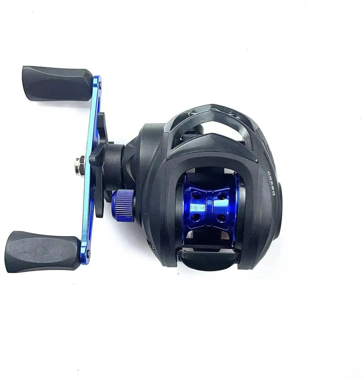 DS200 blue left hand alloy double brake fishing reel with line on a dark background