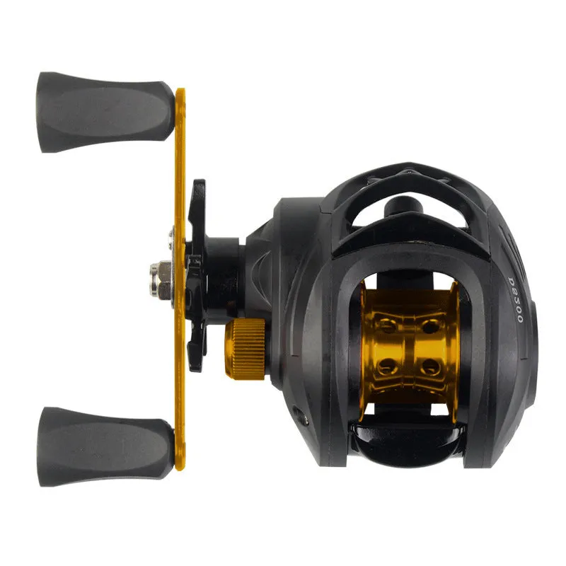 DS200 blue left hand alloy double brake fishing reel with line on a dark background