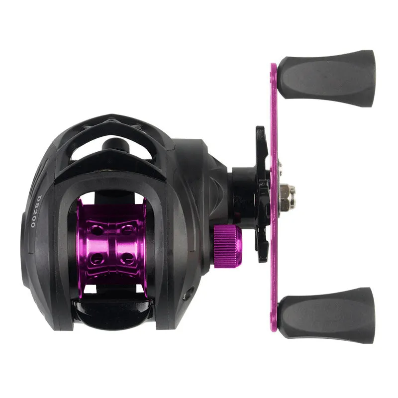 DS200 blue left hand alloy double brake fishing reel with line on a dark background