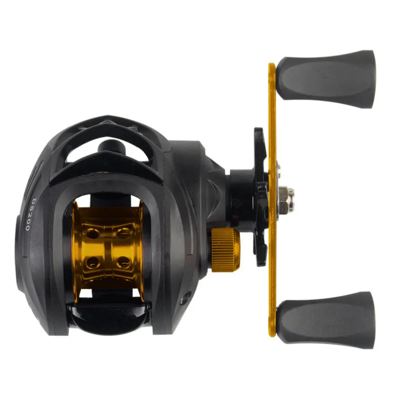 DS200 blue left hand alloy double brake fishing reel with line on a dark background