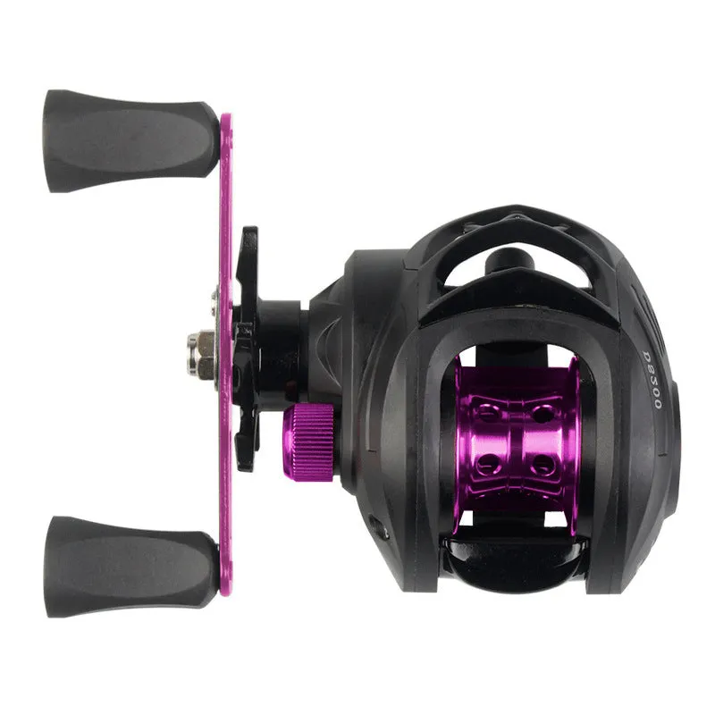 DS200 blue left hand alloy double brake fishing reel with line on a dark background