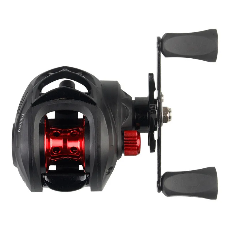 DS200 blue left hand alloy double brake fishing reel with line on a dark background