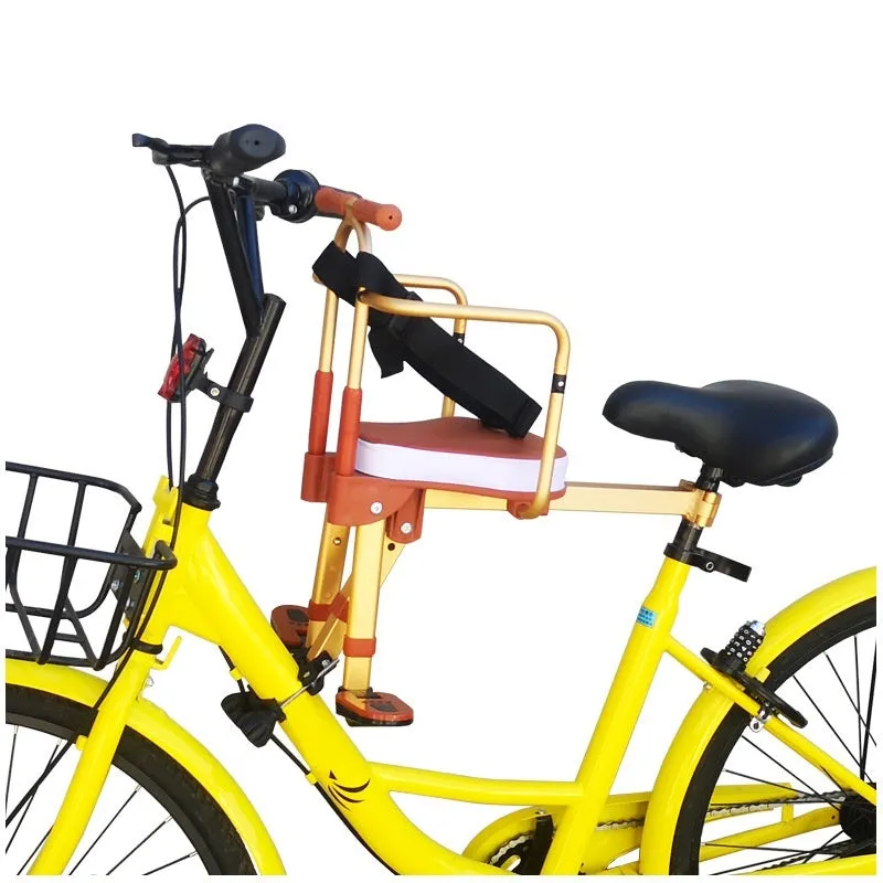 Aluminium alloy front-mounted folding children's bicycle seat in black with armrest on an ordinary bike