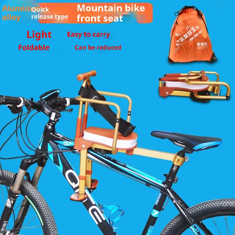 Aluminium alloy front-mounted folding children's bicycle seat in black with armrest on an ordinary bike