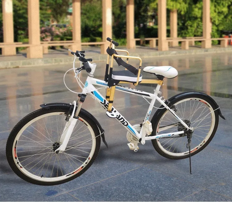 Aluminium alloy front-mounted folding children's bicycle seat in black with armrest on an ordinary bike