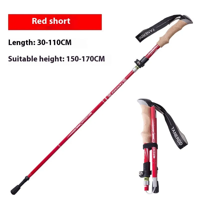 Retractable carbon fibre hiking pole on a rocky trail, set to medium height