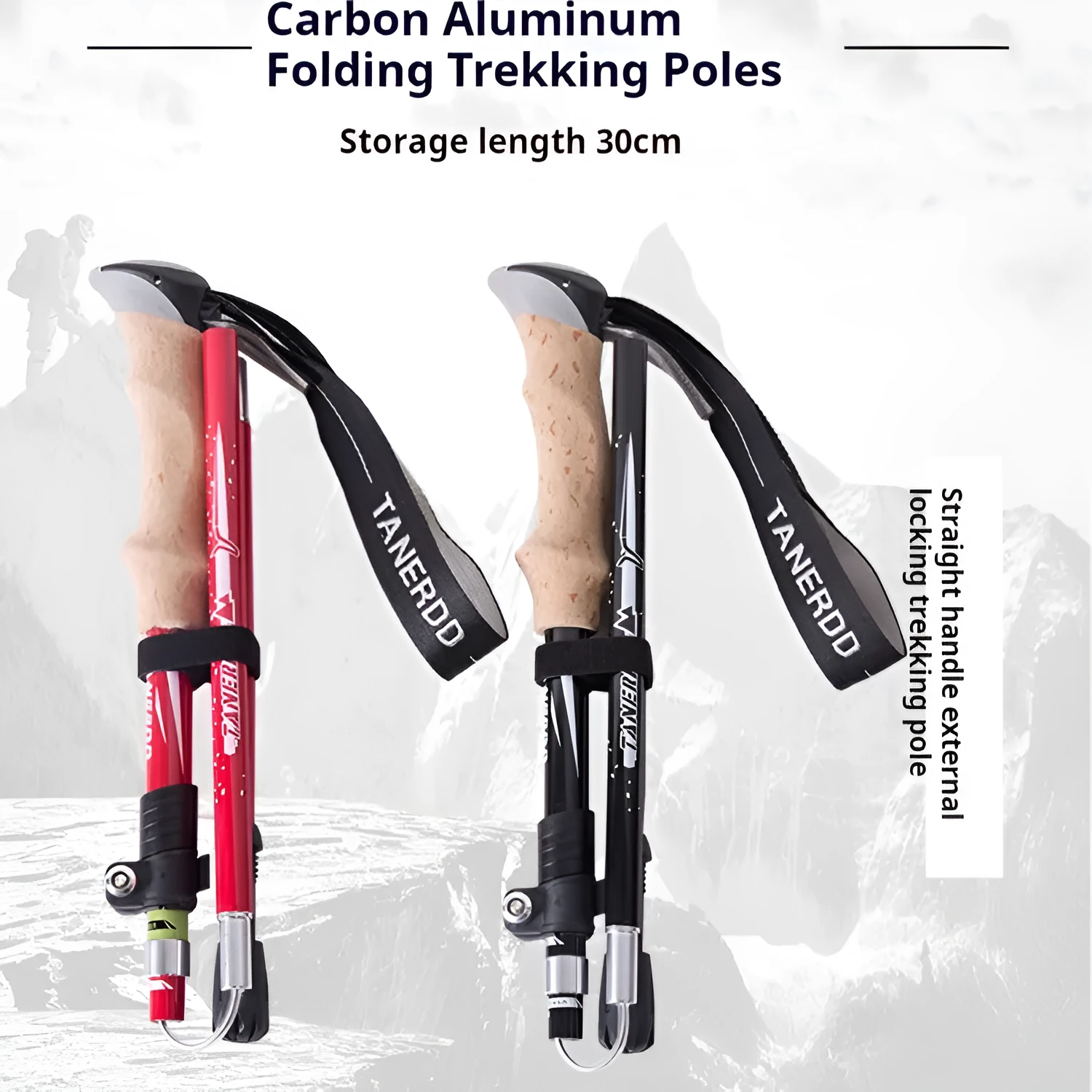 Retractable carbon fibre hiking pole on a rocky trail, set to medium height