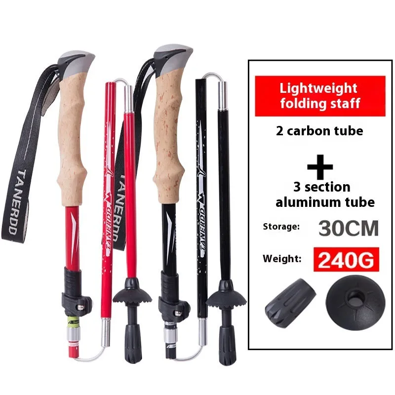 Retractable carbon fibre hiking pole on a rocky trail, set to medium height