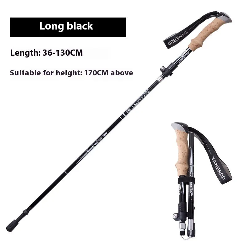 Retractable carbon fibre hiking pole on a rocky trail, set to medium height
