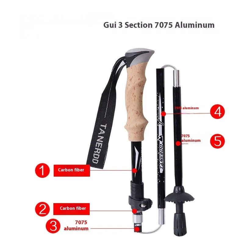 Retractable carbon fibre hiking pole on a rocky trail, set to medium height