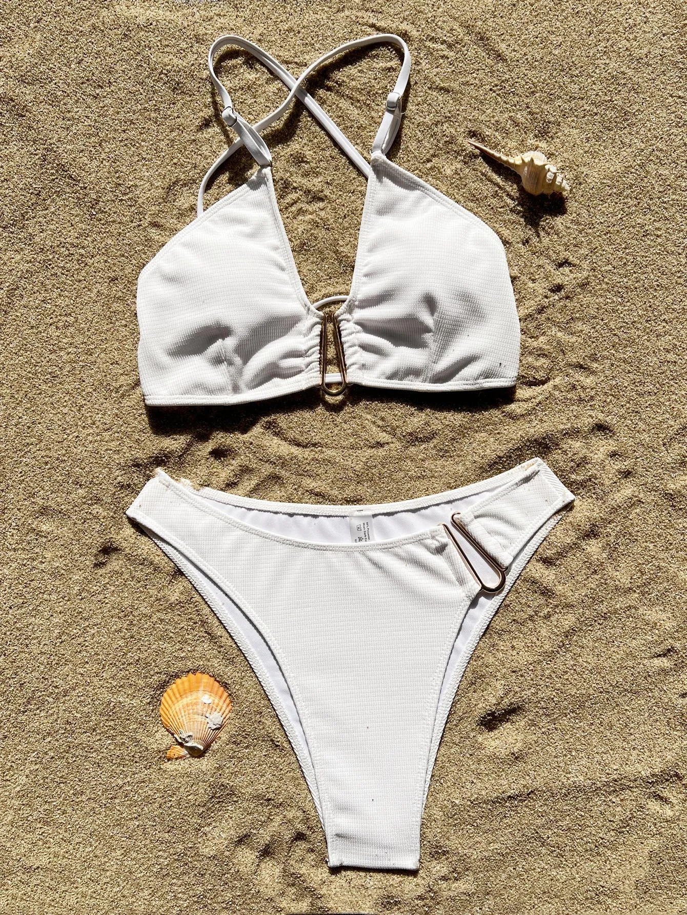 Solid colour white bikini swimsuit with stitching detail, two piece, brief style, spandex lining