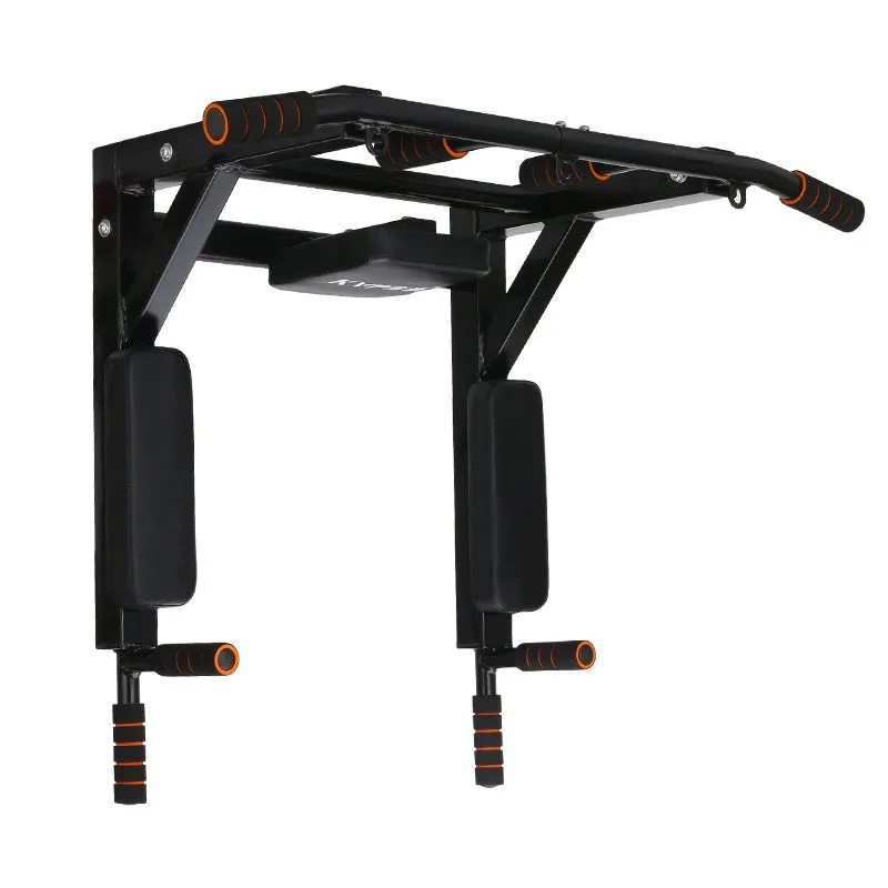 Black wall-mounted steel fitness rack with a sandbag holder and parallel pull-up bars.