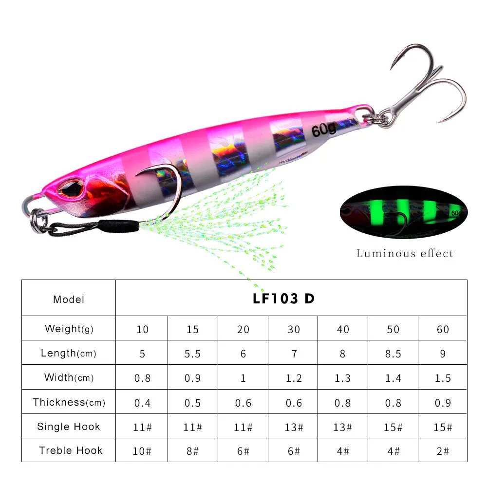 Luya metal submerged tossing lure with treble hook and iron plate in multiple weight options from 10g to 60g