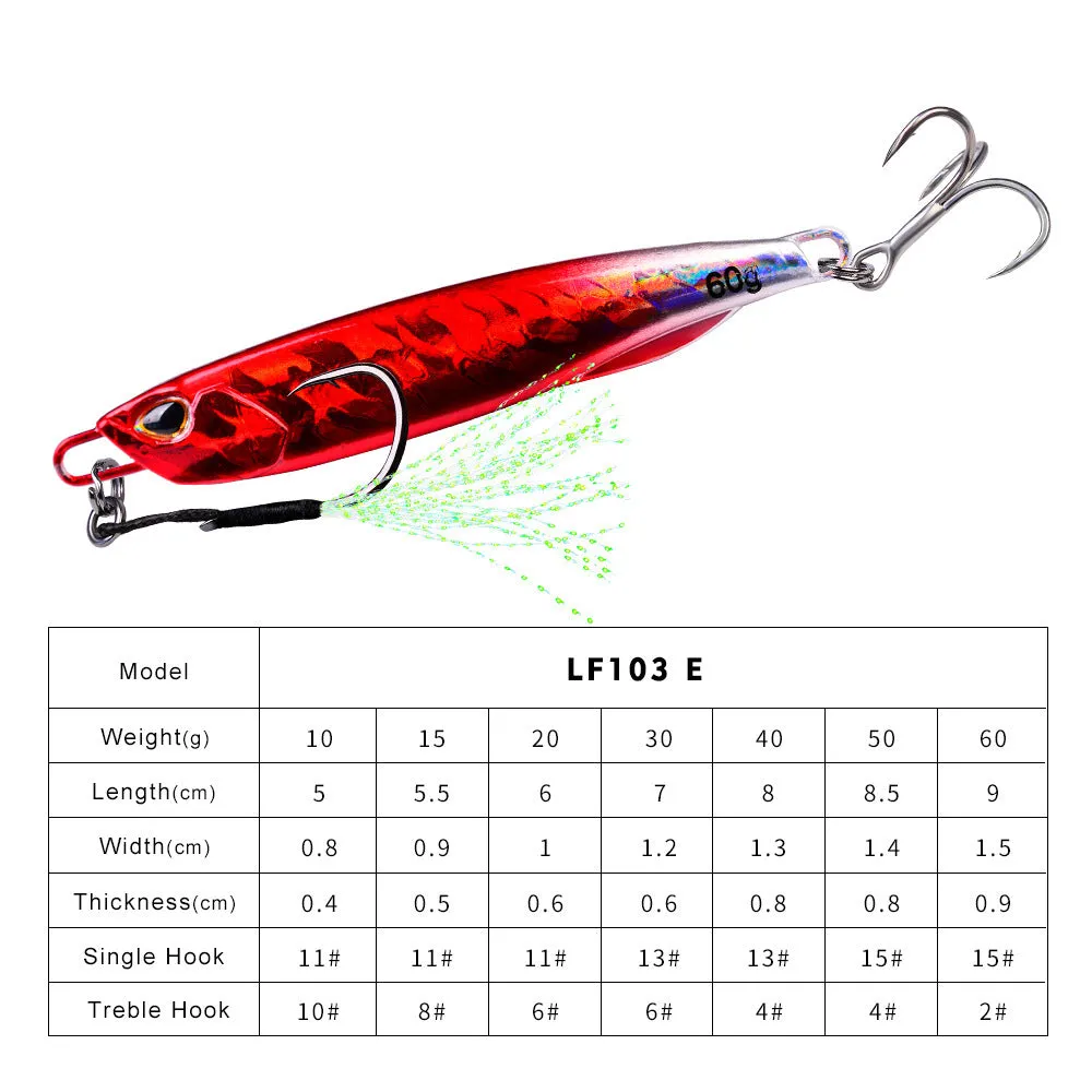 Luya metal submerged tossing lure with treble hook and iron plate in multiple weight options from 10g to 60g