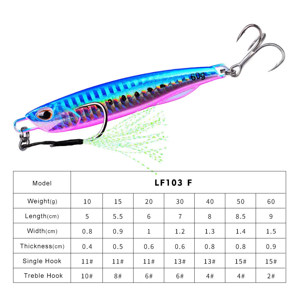 Luya metal submerged tossing lure with treble hook and iron plate in multiple weight options from 10g to 60g