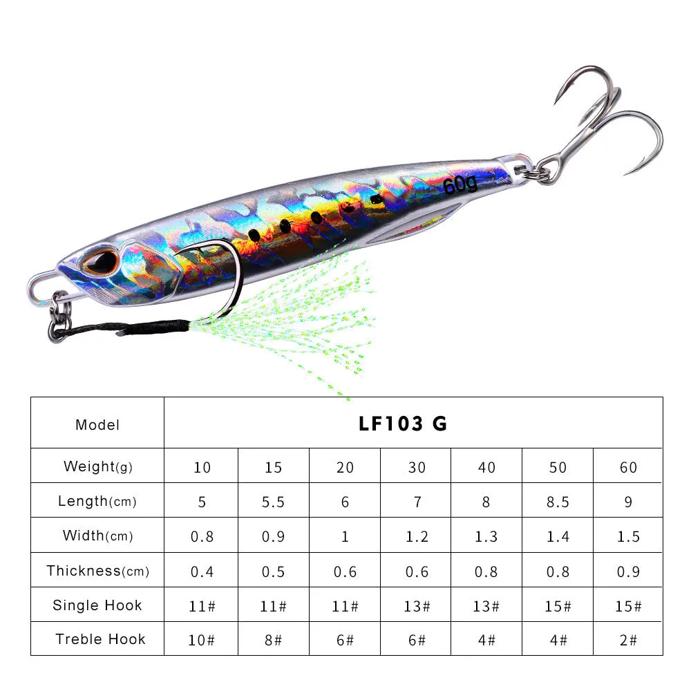 Luya metal submerged tossing lure with treble hook and iron plate in multiple weight options from 10g to 60g