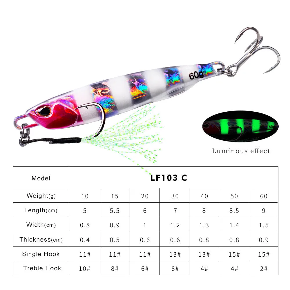 Luya metal submerged tossing lure with treble hook and iron plate in multiple weight options from 10g to 60g