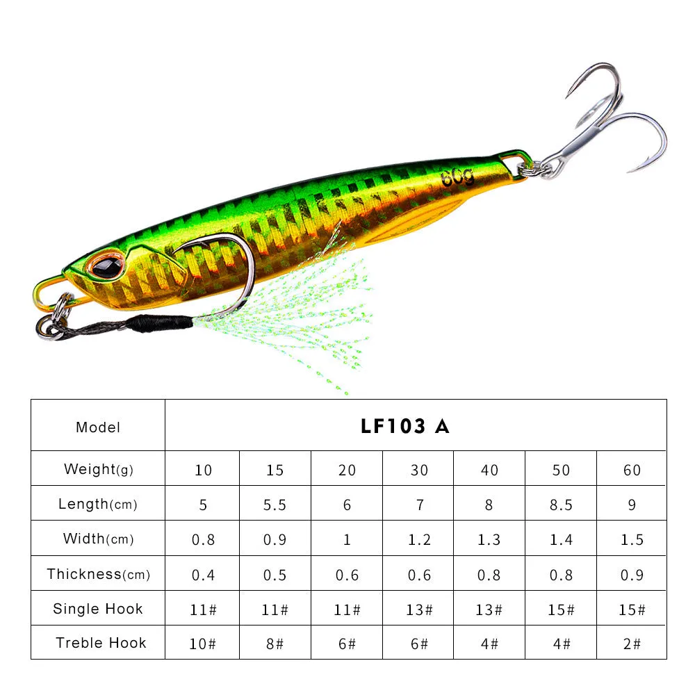 Luya metal submerged tossing lure with treble hook and iron plate in multiple weight options from 10g to 60g