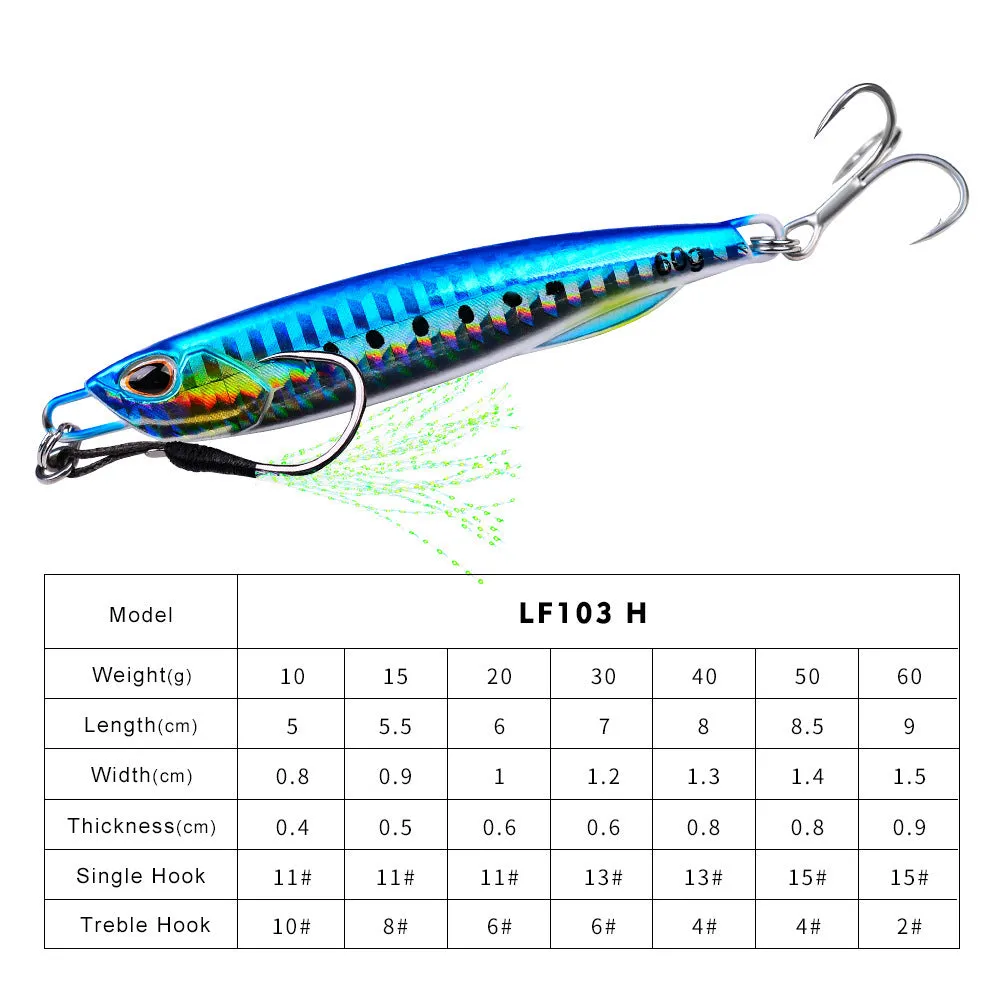 Luya metal submerged tossing lure with treble hook and iron plate in multiple weight options from 10g to 60g