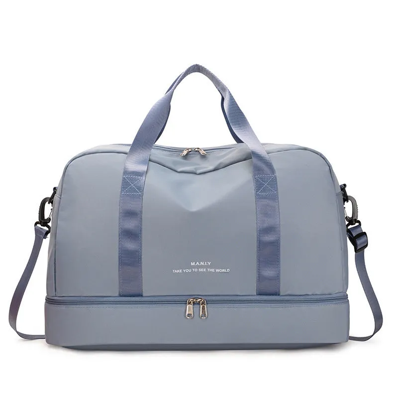 Large capacity waterproof travel bag in blue Oxford cloth for short business trips with dry wet separation compartment